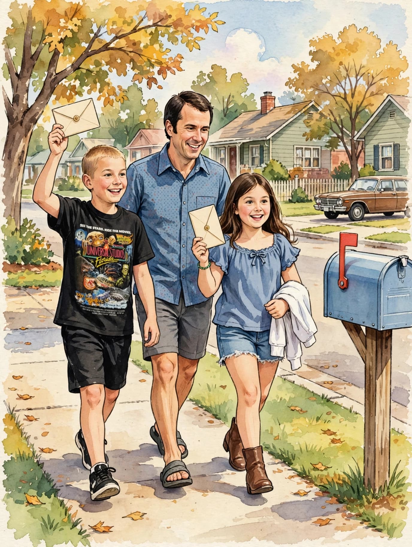 A dad and his two kids running to the mailbox with letters