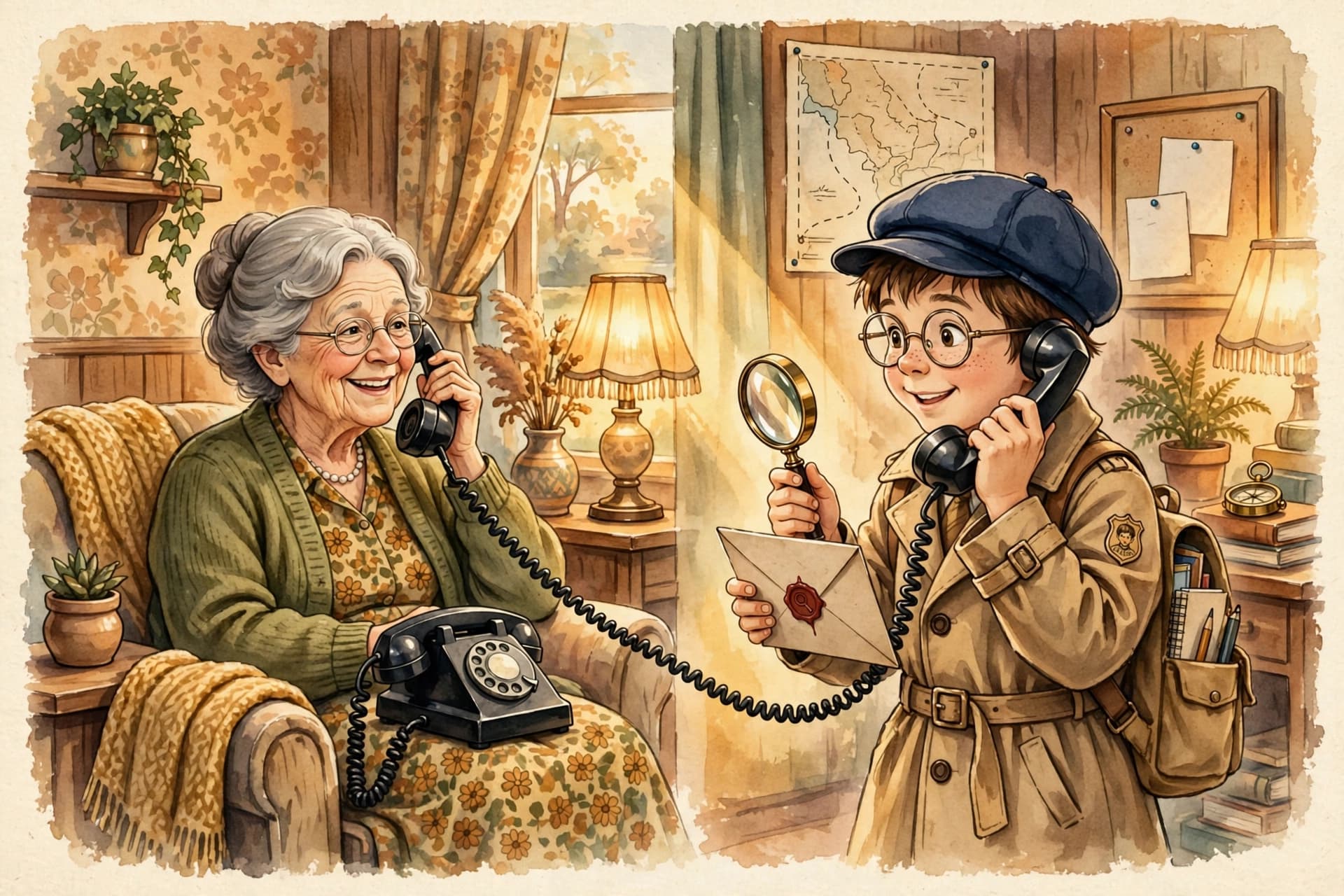 A grandmother and her grandchild detective talking on the telephone, connected by the cord